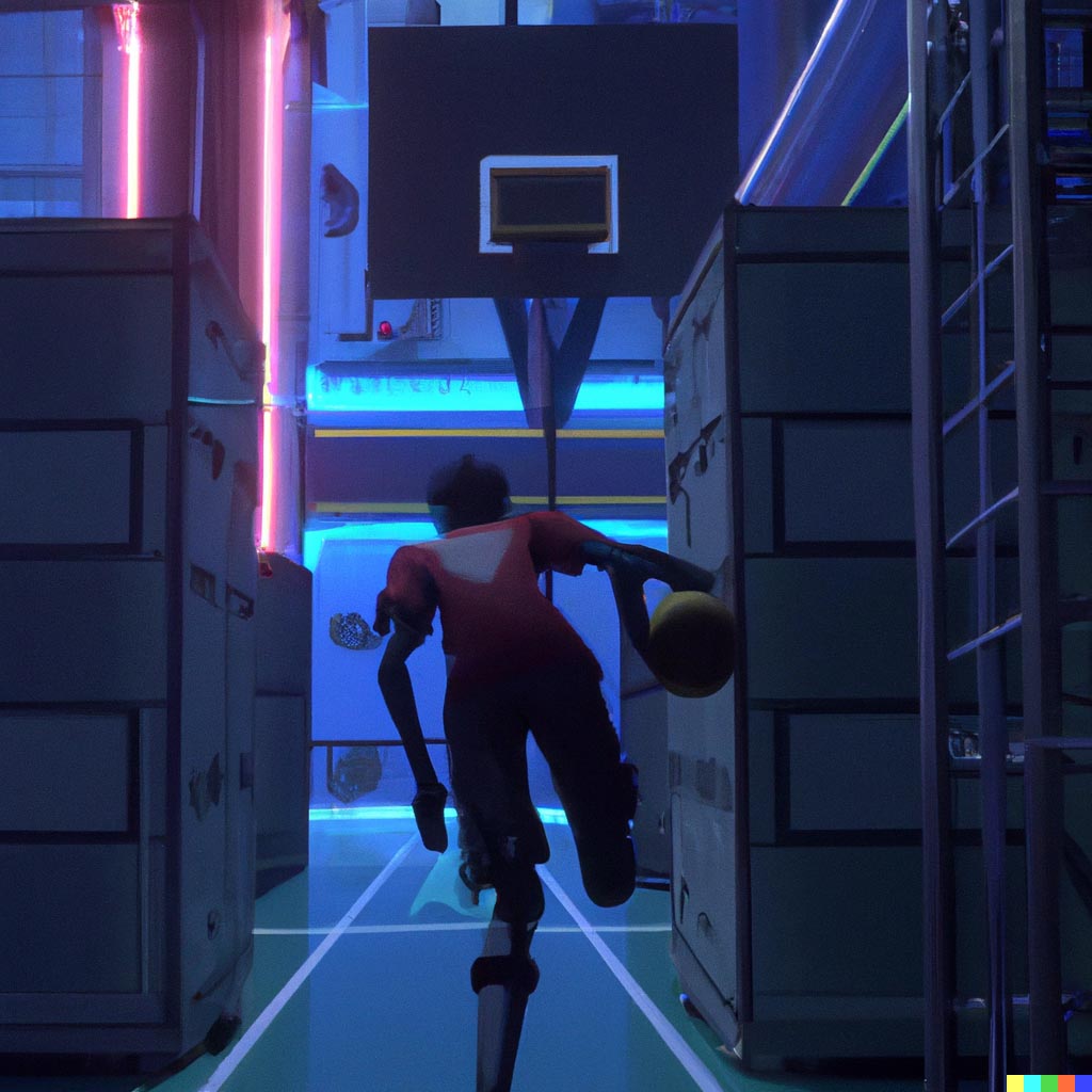 DALL·E prompt: A basketball player dribbling a basketball viewed from behind in the aisle of data center, Spider-Man_ Into the Spiderverse